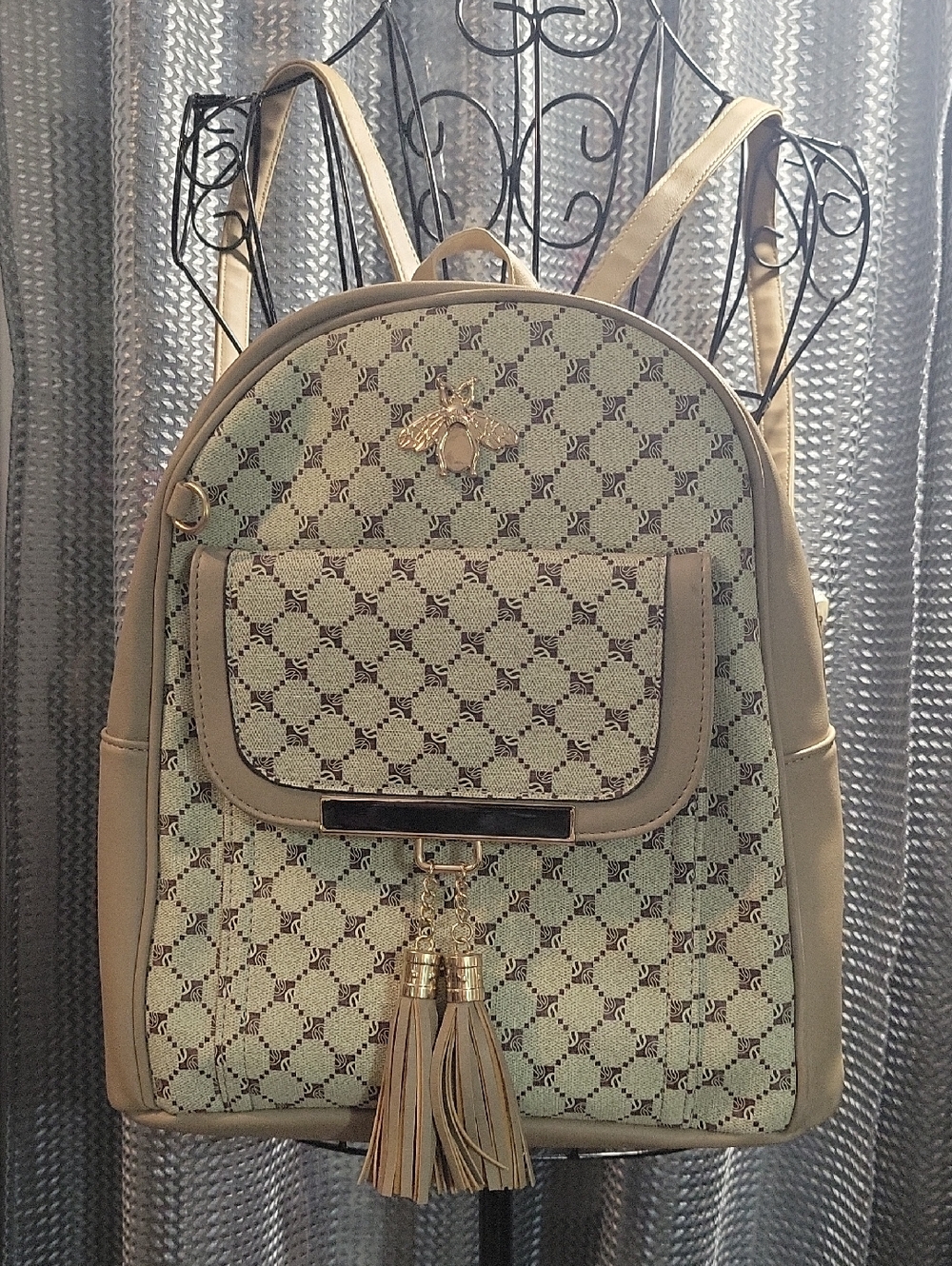 Beige Patterned Tassel Bee Mini Backpack NWOT